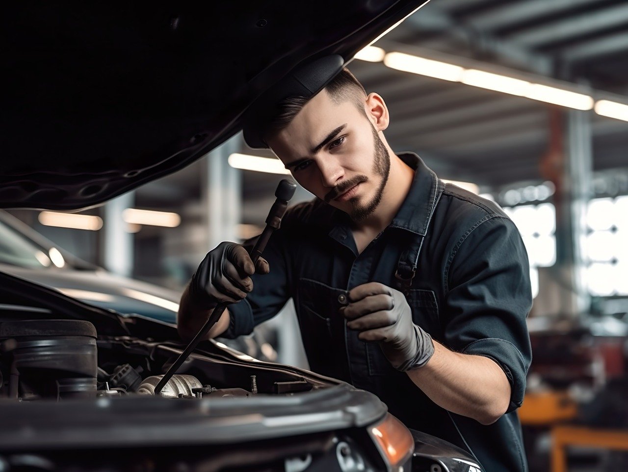 A mechanic working on a car