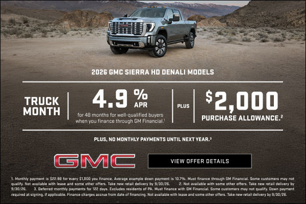 TRUCK MONTH 

4.9% APR FOR 48 MONTHS for well-qualified buyers when you finance through GM Financ...